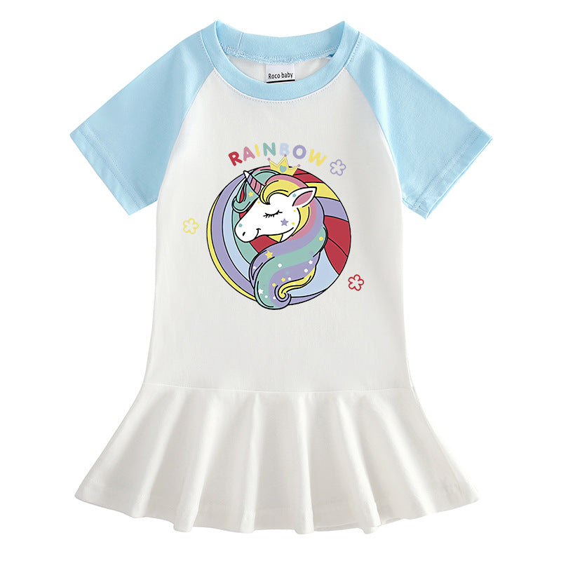 Cartoon half sleeved girl dress with contrasting colors