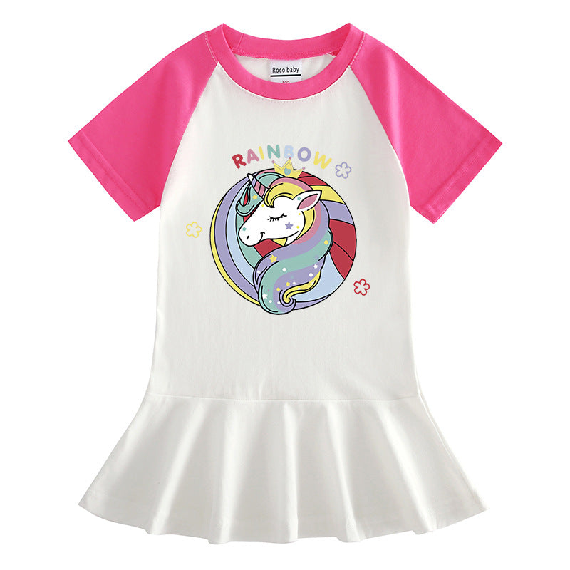 Cartoon half sleeved girl dress with contrasting colors