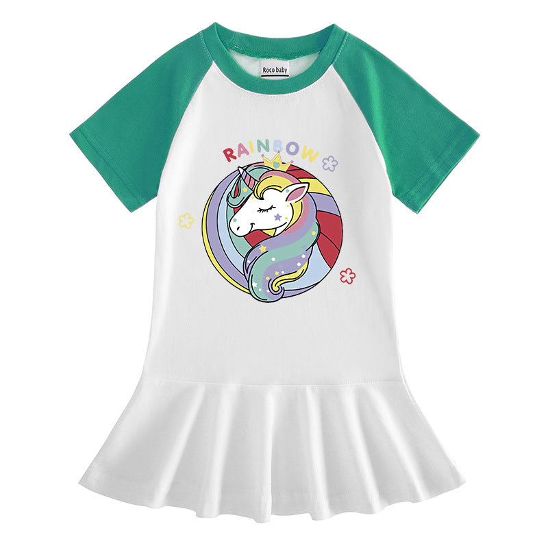 Cartoon half sleeved girl dress with contrasting colors