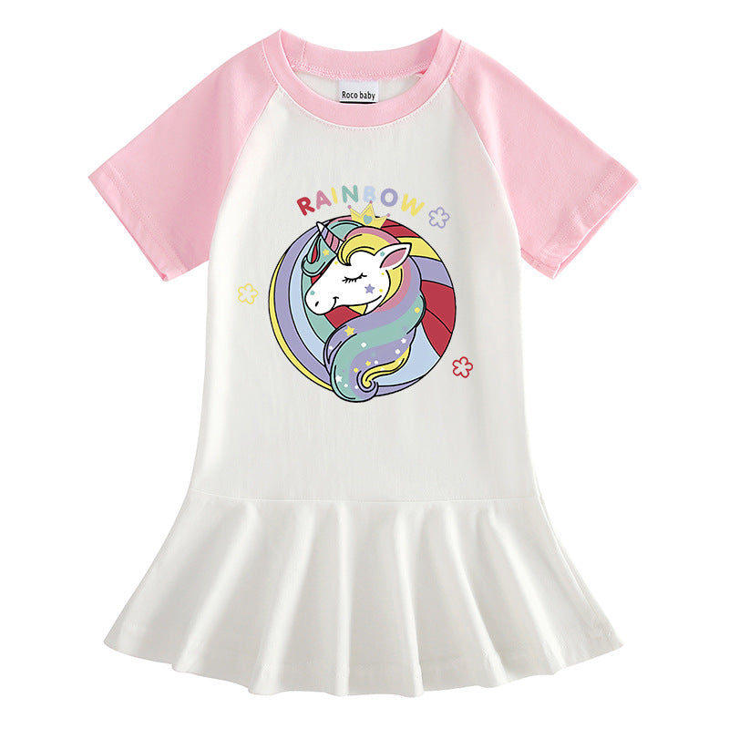 Cartoon half sleeved girl dress with contrasting colors