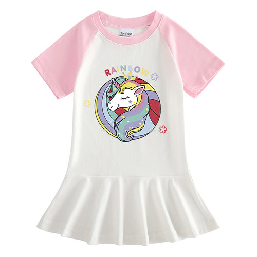 Cartoon half sleeved girl dress with contrasting colors