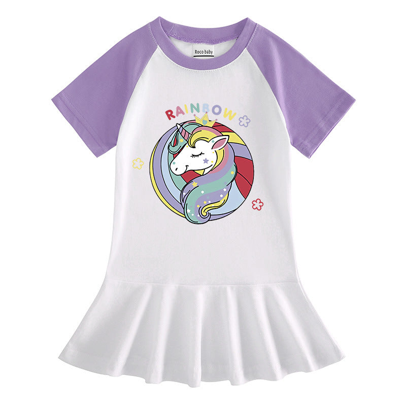 Cartoon half sleeved girl dress with contrasting colors